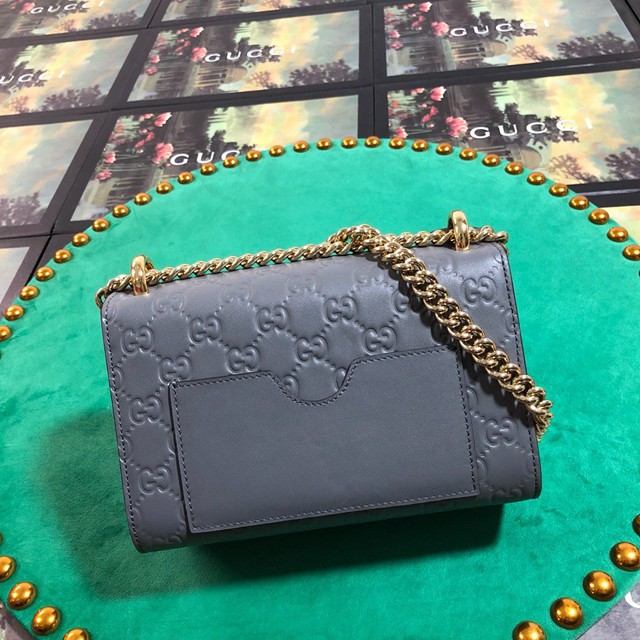 Gucci經典款女包 409487 古馳經典款 灰色壓花全皮 GG鎖扣包 Gucci鏈條肩背斜挎包  gqy2633